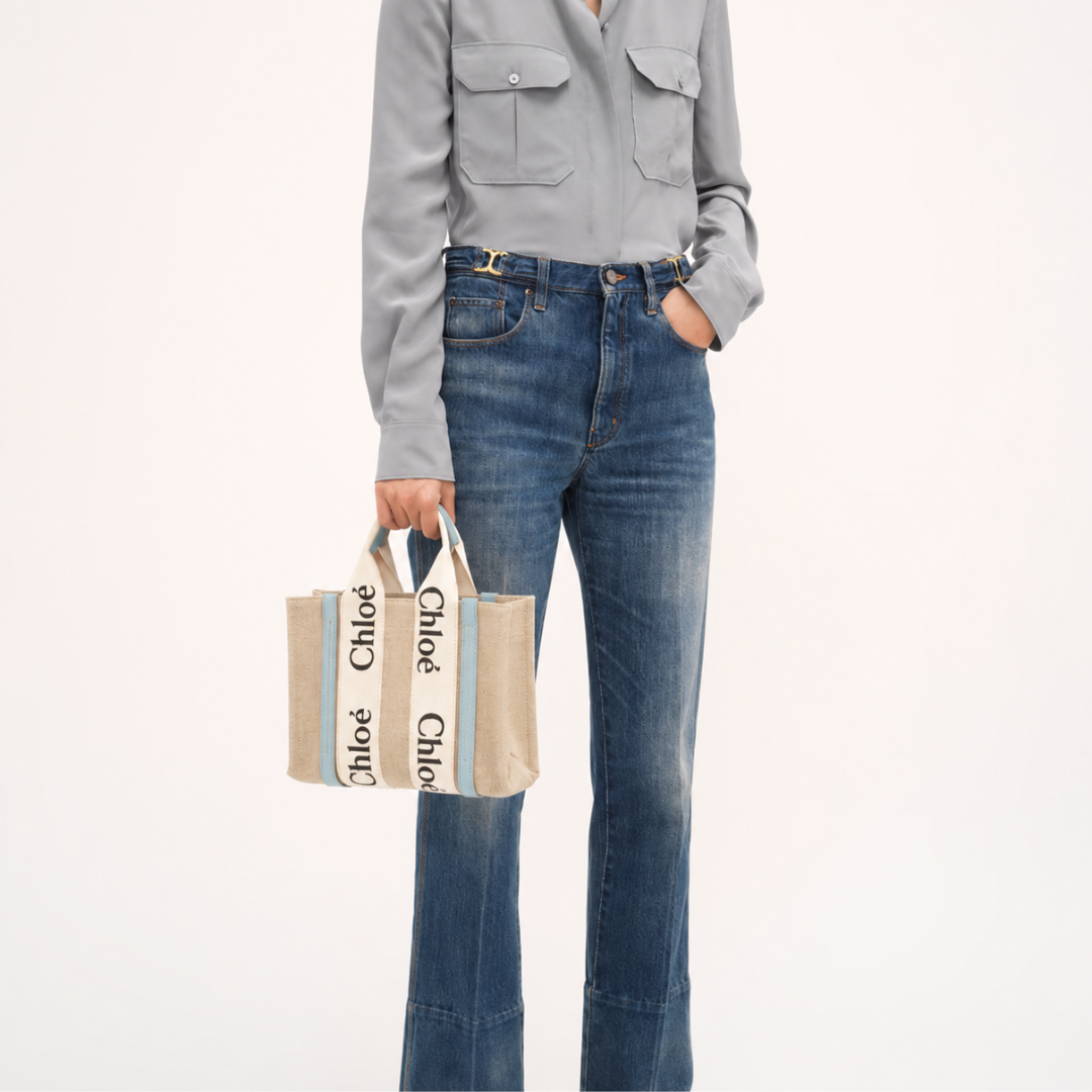 Chloe Woody Small Tote Bag - Beige&BabyBlue