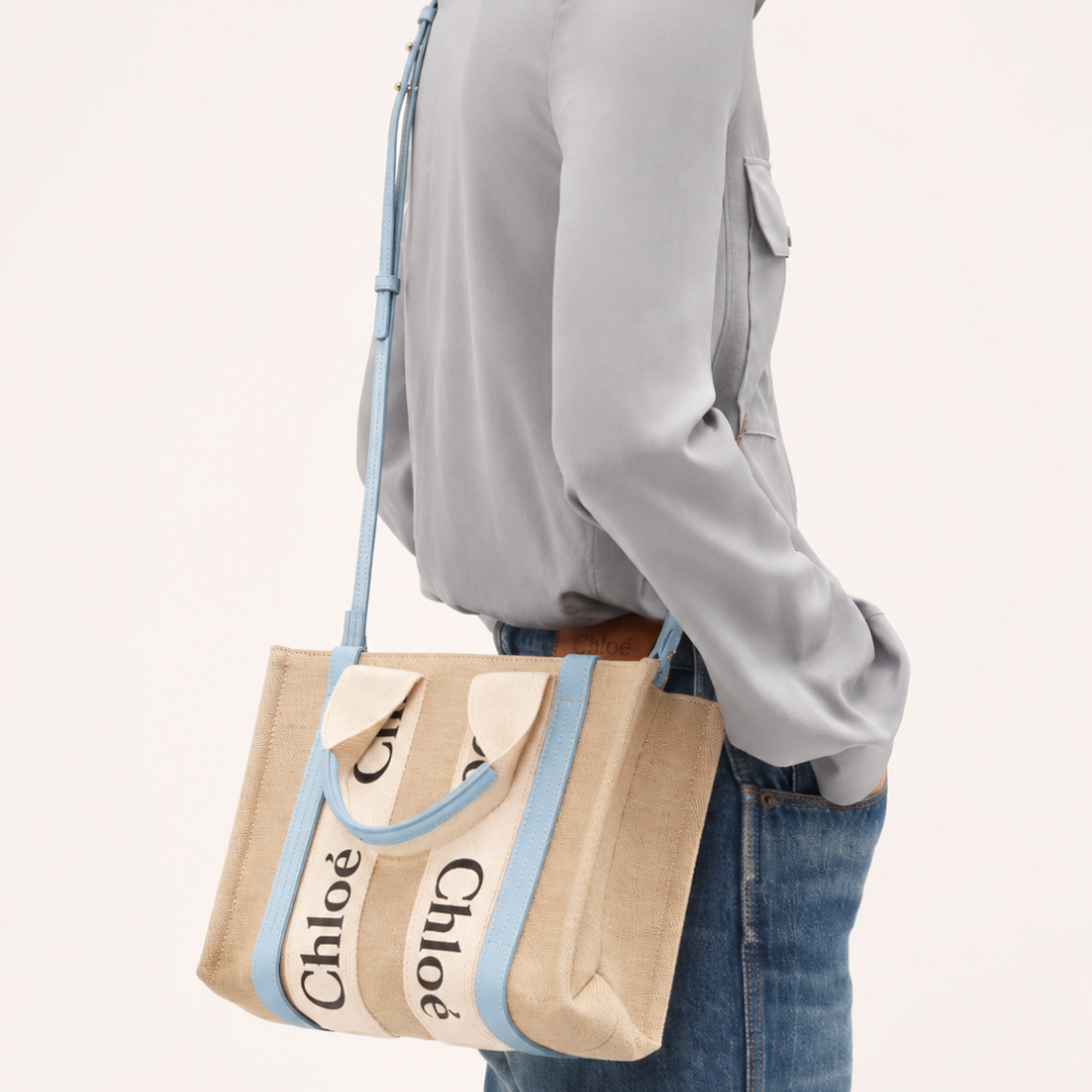 Chloe Woody Small Tote Bag - Beige&BabyBlue